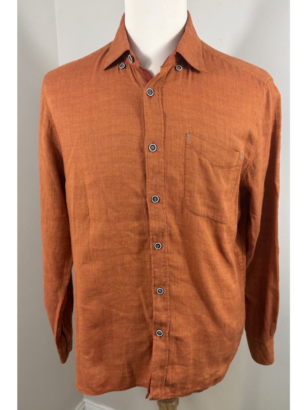 32 Bar Blues Linen Blend Shirt Mens Size L Burnt Orange Button Boho Luxury